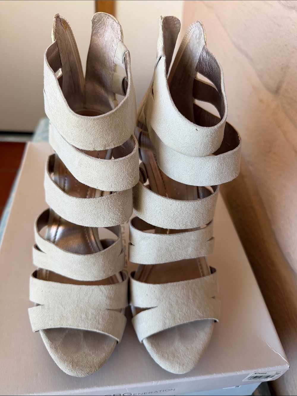 BCBGeneration Beige Suede Multi-Strap High Heel Sandals